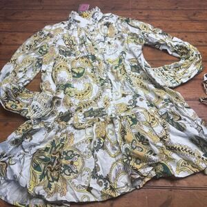 Roiii Paisley Eyelet Lace Mini Dress Yellow Green Long Sleeve Button Front XL